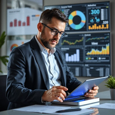 Digital marketing professional analyzing data on a tablet, with charts and graphs in the background, clean image