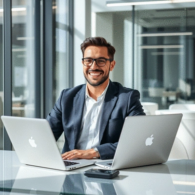 A business professional smiling and working efficiently at a modern desk, symbolizing seamless integration and time-saving automation